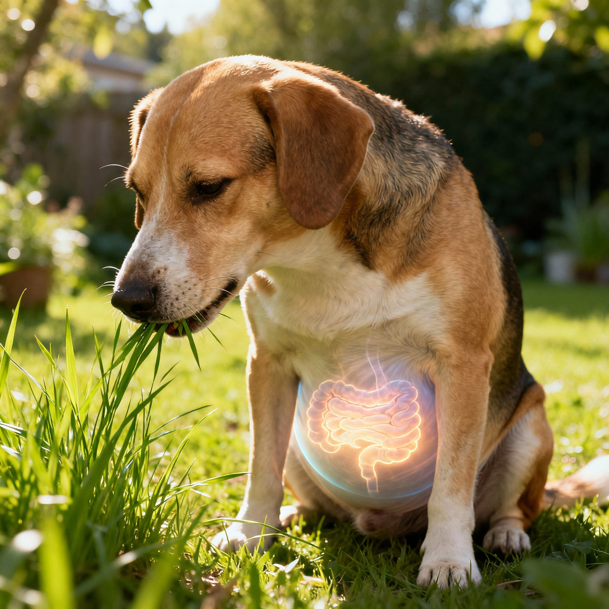Hund frisst am frühen Morgen Gras am Wegrand