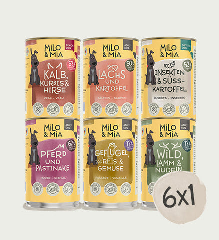 Milo & Mia Probierpaket für Hunde. Sechs Sorten: Kalb, Lachs, Pferd, Geflügel, Wild und Insekten